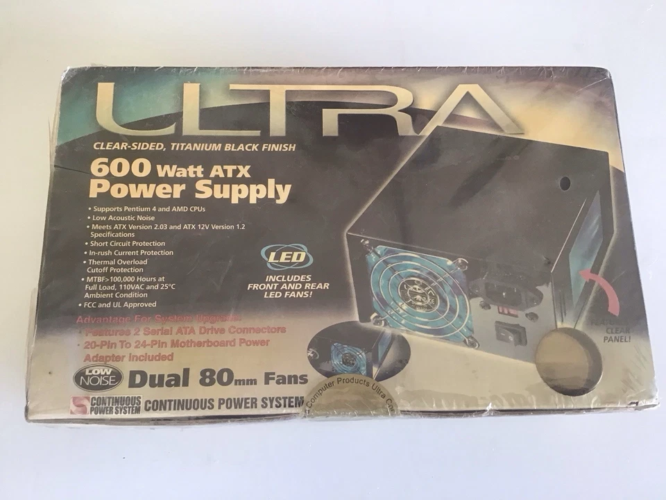 Ultra 600 Watt ATX Power Supply Titanium Black Clear Side Dual 80mm LED Fans New - Image 3 of 4