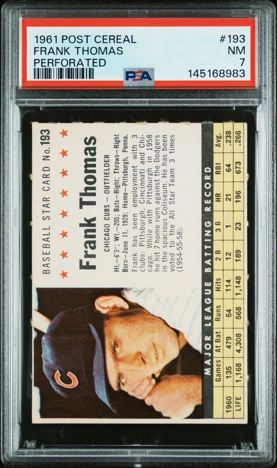 1961 Post Cereal Frank Thomas #193 Perforated PSA 7 NEW GRADE STUNNER LOW POP