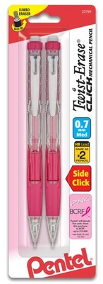 Pentel PINK BCA Twist-Erase Click Mechanical Pencil, (0.7mm) Clear Barrel, 2-Pk