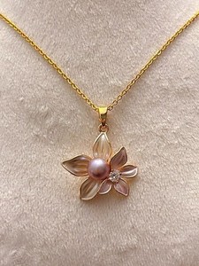 Authentic Gold Plated Lily/Lotus Floral Pearl Pendant Necklace - Women Jewelry - Enamel