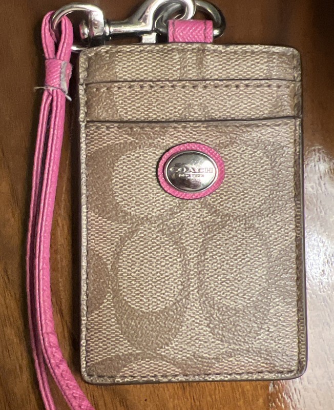 Coach Peyton Signature Lanyard ID - Brown Pink Card Holder Medallion. 