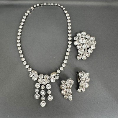 Vintage Eisenberg Ice MCM Rhinestone Jewelry Set Necklace Brooch Earrings Silver