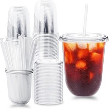 50 Pack Clear Plastic Cups with Lids and Straws,16 oz Disposable Iced Coffee