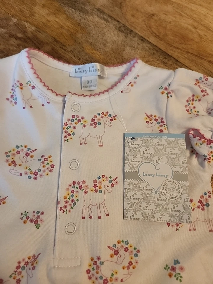 Nuevo~ Kissy Kissy Bebé Niña Mono Corto Rosa Blanco Unicornio Jardín 0-3 Meses Foto 2 de 4