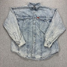 Vintage Jordache Denim Shirt Mens M Blue White Acid Wash Long Sleeve Snap Button