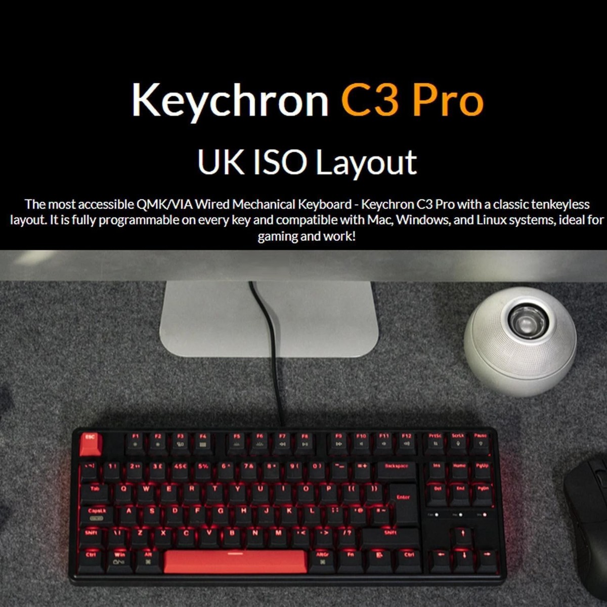 Keychron C3 Pro Custom Gaming Keyboard ISO UK Layout, QMK/VIA Programmable  87 K
