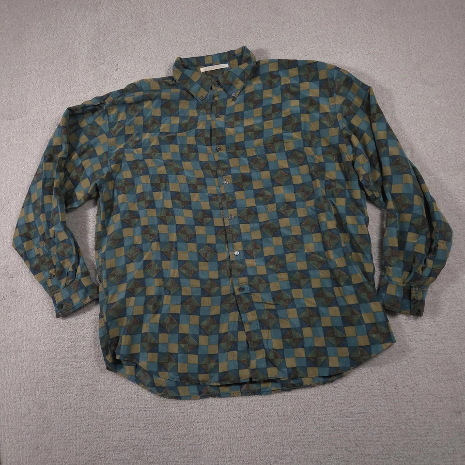 Vintage Perry Ellis Shirt Mens XL Green Blue Silk Geometric Button Down 90s - Image 2 of 4