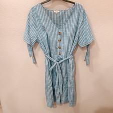 Jennifer Grace Blue White Striped 100% Cotton Dress Belt And Pockets Coastal L
