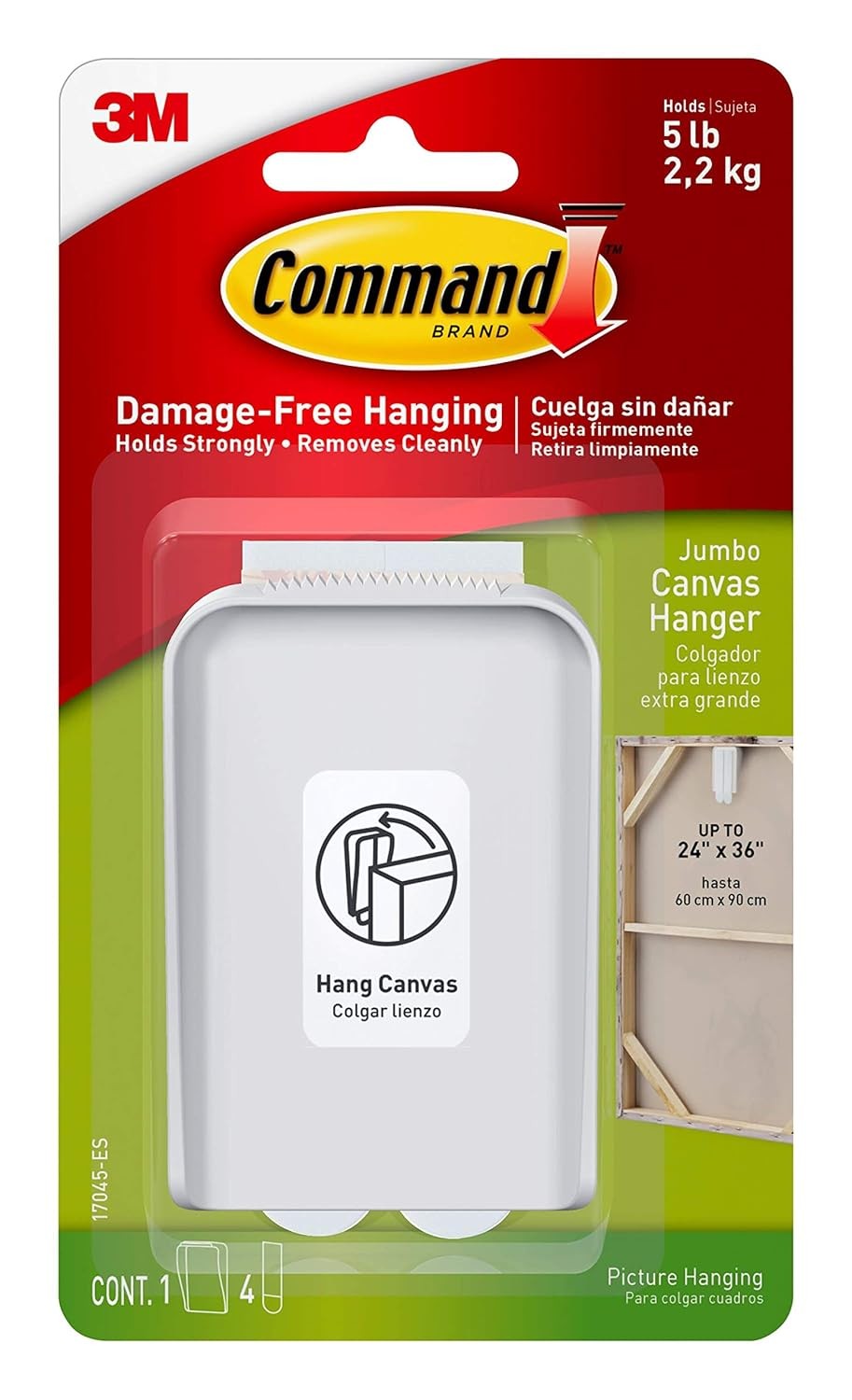 Command Jumbo Canvas Hanger Hook, Pack of 1 Hook and 4 Adhesive Strips, White -