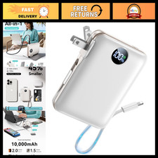 Compact 10000mAh Portable Power Bank with Built-in Cables AC Plug - Fast Charg