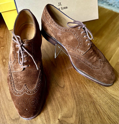 John Lobb Darby Men s UK 8E US 9 Tobacco Brown Suede Wingtip Derby Shoes Box 