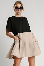Umgee Full Size Round Neck Pleated Dress with Side Pockets Plus Size