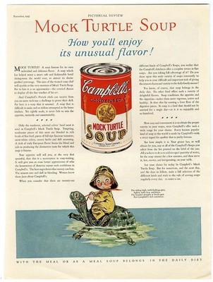Campbell's Kid Riding a Mock TURTLE 1927 Soup Magazine Ad 