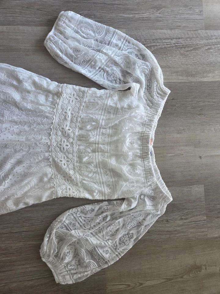 Macacão Farm Rio Elliot Feminino S Marfim Renda Fora do Ombro Largo Cottagecore Boho - Imagem 4 de 4