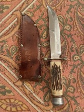 VTG R.W. Weber Solingen Rostfrei Germany Stag Handle Etched Knife w/ sheath