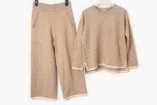 Beige Soft Knit Lounge Set Women Size L Sweater  Wide Leg Pants NWT Cozy