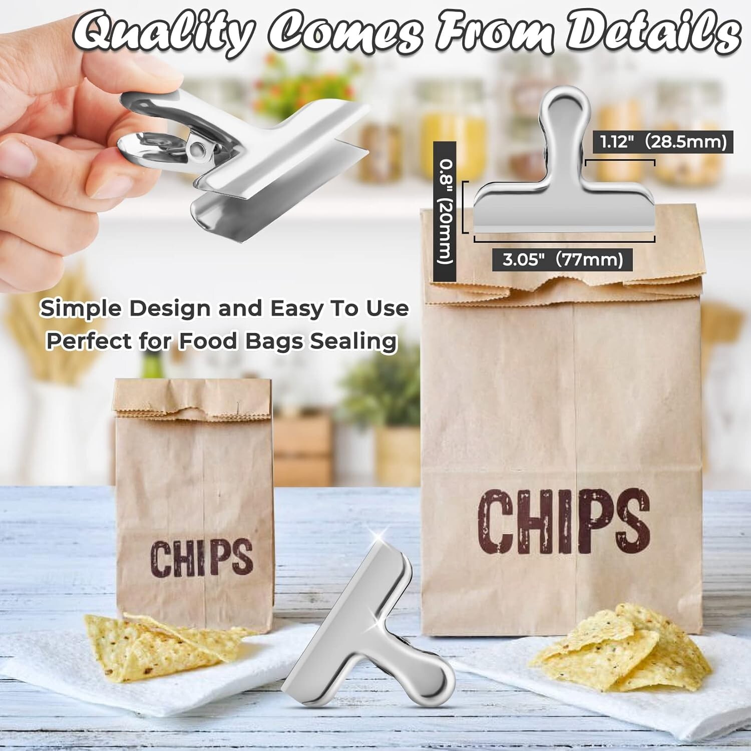 Chip Clips, 6 Pack Stainless Steel Bag Clips for Food, Office Kitchen Home Usage
