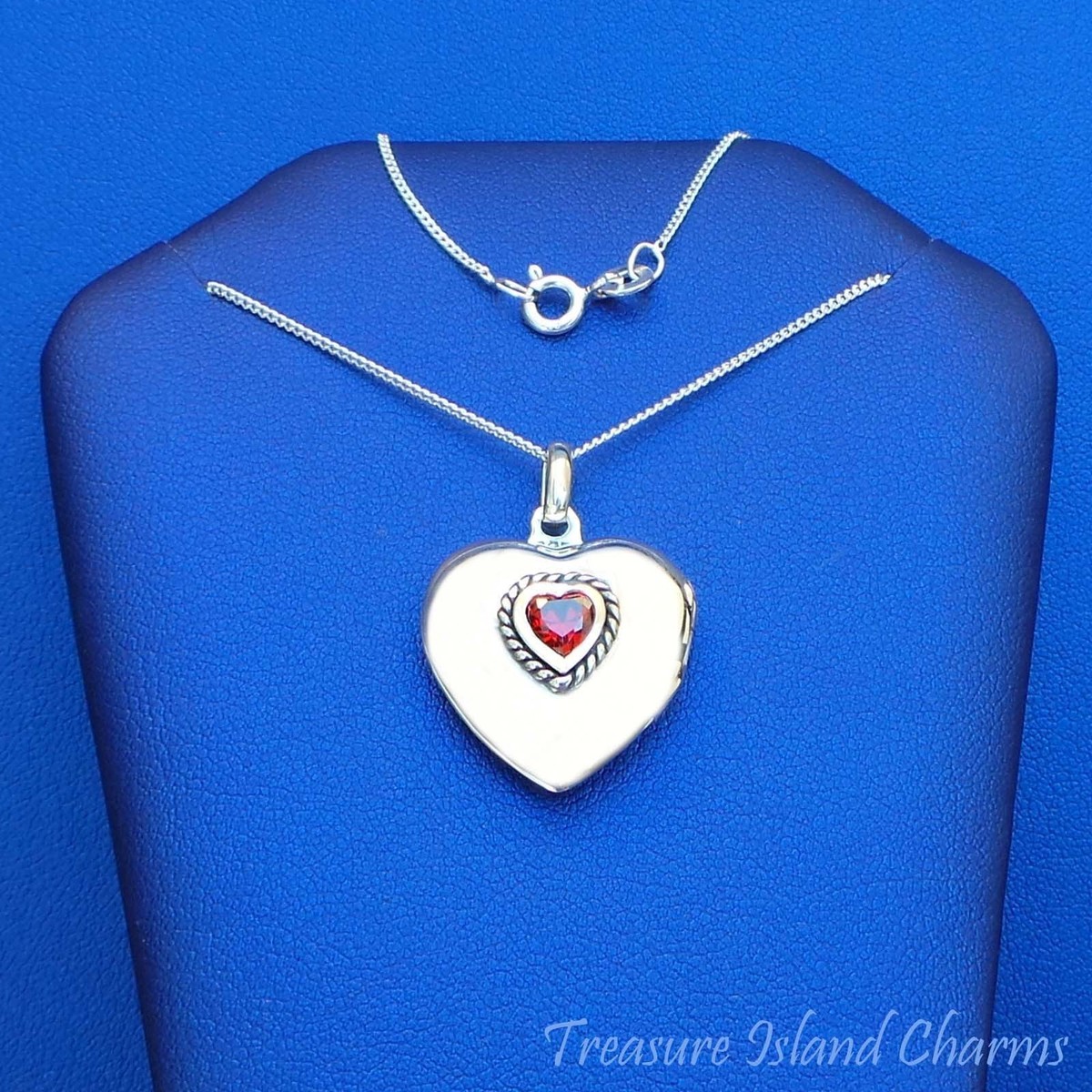 Heart Locket with Red CZ 925 Solid Sterling Silver Pendant Necklace 16