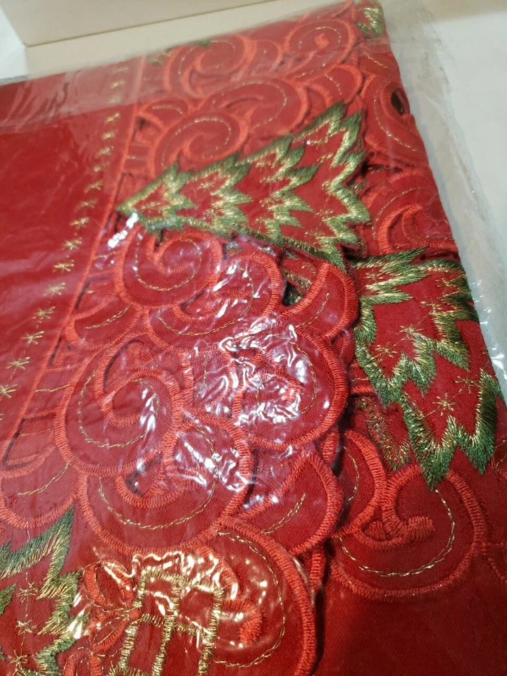 Red Christmas Embroidered 54x72" Oval Tablecloth New - Image 4 of 4