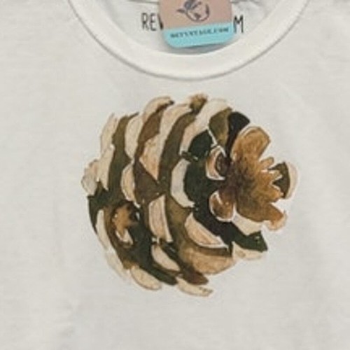 New Hand Printed Upcycled Youth Small Pine Cone Short Sleeve Cotton Blend Tee - Picture 2 of 4