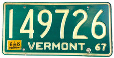 Vermont 1967 1968 Auto License Plate 149726 Vintage Garage Pub Wall Decor
