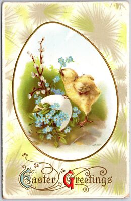 Easter Greetings Hatched Egg Chick Forget-Me-Nots Flowers Postcard