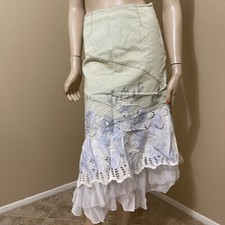 Women  s Light Blue Denim Cotton Casual Bead Ruffle Lace Size S 4-6 Skirt SK 729