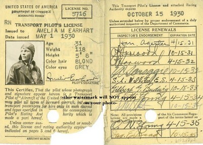 1930 Amelia Earhart Pilot's License PHOTO,No Joke! Autograph  / Signature Shown
