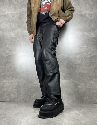 Vintage Y2K Cargo Avant Garde Mens' Black Biker Leather Pants