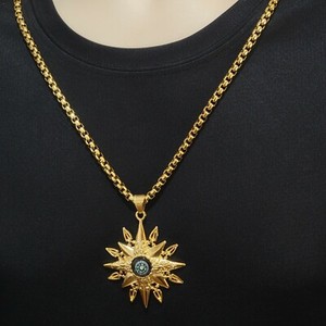Authentic Men Yellow Gold Plated Navigation Star Compass Pendant Necklace