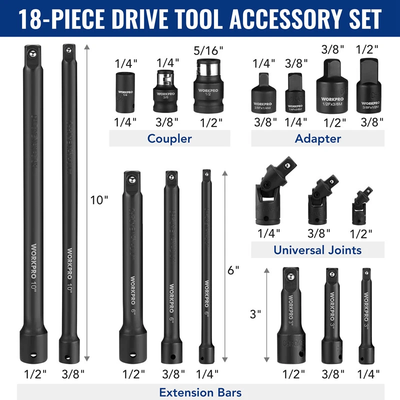 WORKPRO 18-PCS Drive Tool Accessory Set 1/4"&3/8"&1/2" Socket Adapter Extensions - Image 4 of 4