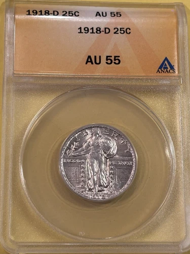 1918 D Standing Liberty Silver Quarter ANACS Graded AU 55 Bright White Luster!