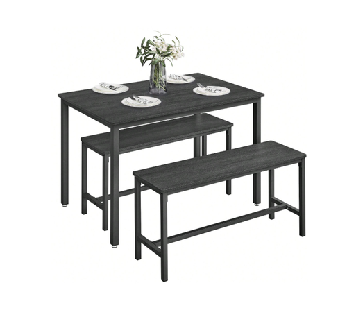 Dining Table With Benches Set Kitchen Furniture Industrial Wood Black - Picture 2 of 6