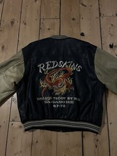 Redskins Vintage Leather Jacket Dragon Teddy by RDS Black Beige Size Large L