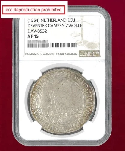 Netherlands Alliance Ecu Silver Coin DEVENTER CAMPEN ZWOLLE 1554 NGC XF 45