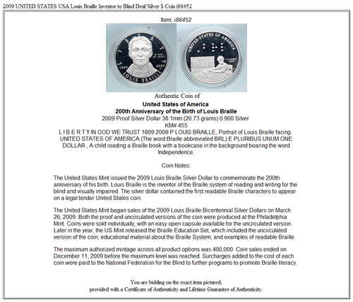 2009 UNITED STATES USA Louis Braille Inventor to Blind Deaf Silver $ Coin i86452 - Picture 3 of 3