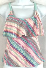Arizona Jean Co.Sz S Tankini Swimsuit Top Coral Reef Pink Blue Lattice Bk Ruffle
