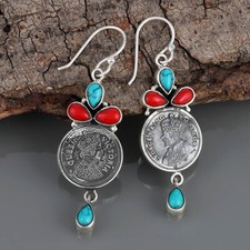 925 Sterling Silver Handmade Earrings Natural Turquoise  Coral Stone Earrings