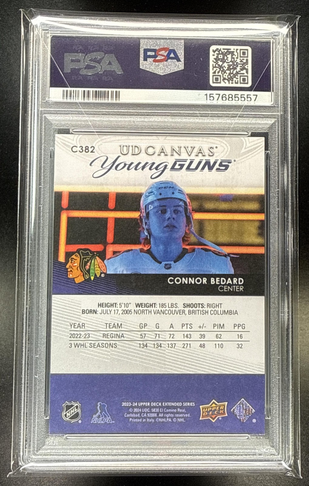 2023-24 Upper Deck Connor Bedard #C382 UD Canvas Young Guns RC Blackhawks PSA 10 view 2