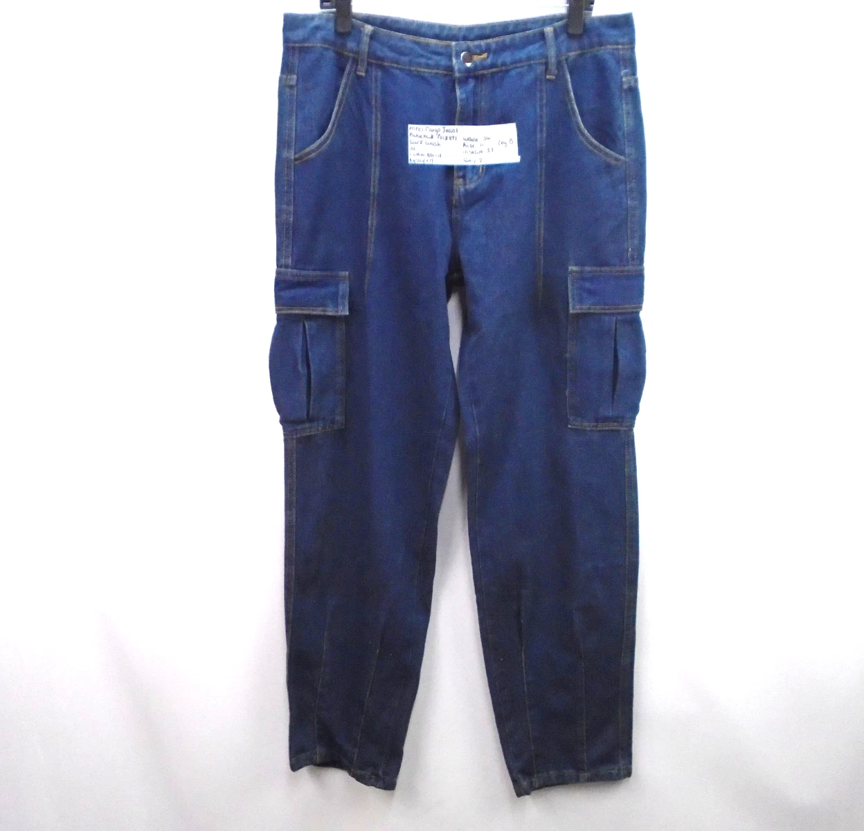 Men Denim Workwear Cargo Pants Size XL (36x33) Relaxed Fit Blue Parachute Pocket
