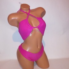 Victoria Secret Swim Bikini XL Top  Bottom Pink Textured Brazilian Wireless New