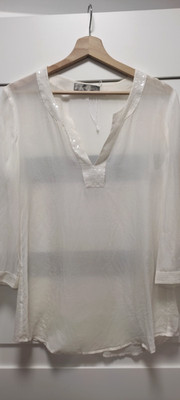 Hallhuber Donna Women s Silk Blouse White Size 34 | V-Neck, 3/4 Sleeve, Sequin