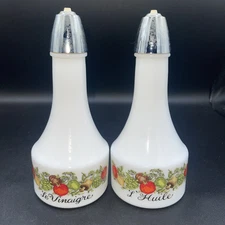 VTG Gemco Corningware  Spice of Life  Oil & Vinegar Cruet Set Milk Glass MCM