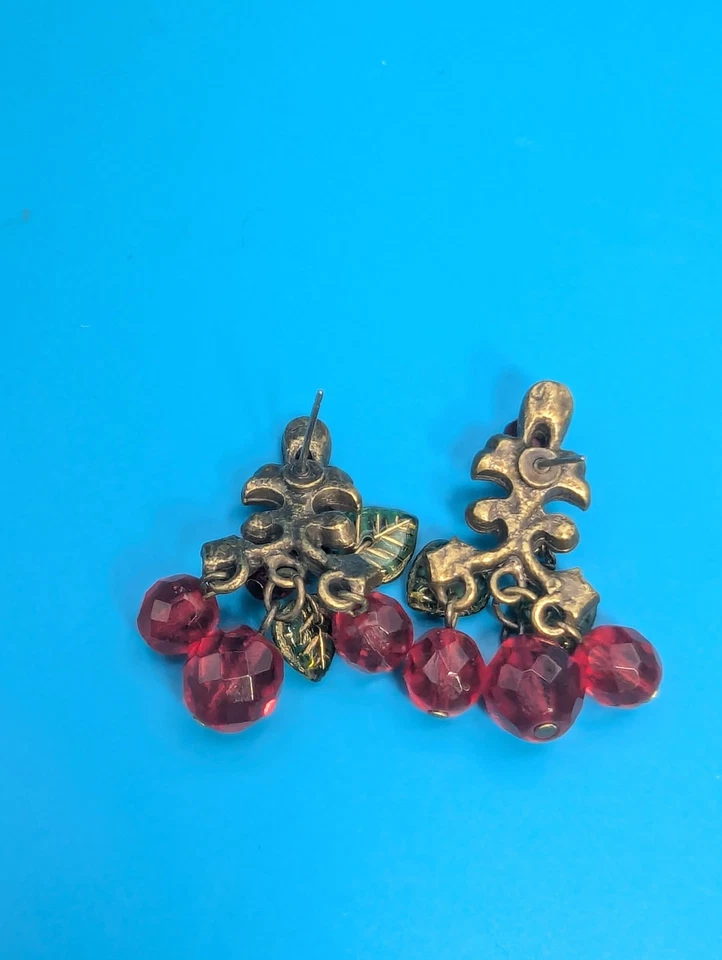 Pendientes colgantes/gotas Sweet Romance rojo cereza hoja verde cristal jubileo Foto 4 de 4