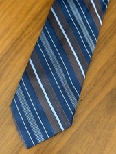 BARNEYS NEW YORK Woven Silk Striped Tie Navy Brown White Blue - Made in Italy