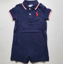 Polo Ralph Lauren Baby Boy Romper Shortall Big Logo 9M 12M Blue Navy Green