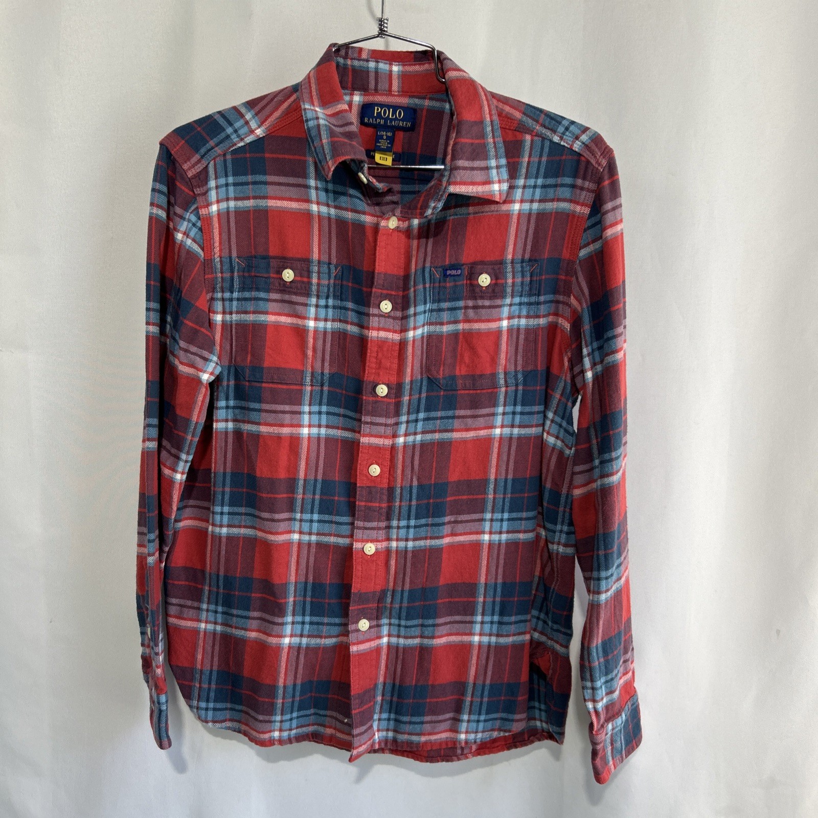 Polo Ralph Lauren Shirt Boys Sz L 14-16 Red Blue Plaid Flannel Button Youth