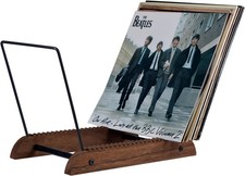 Vintage Dark Brown Wood Tabletop Vinyl Record Holder Rack Up to 75 Album Sleeves