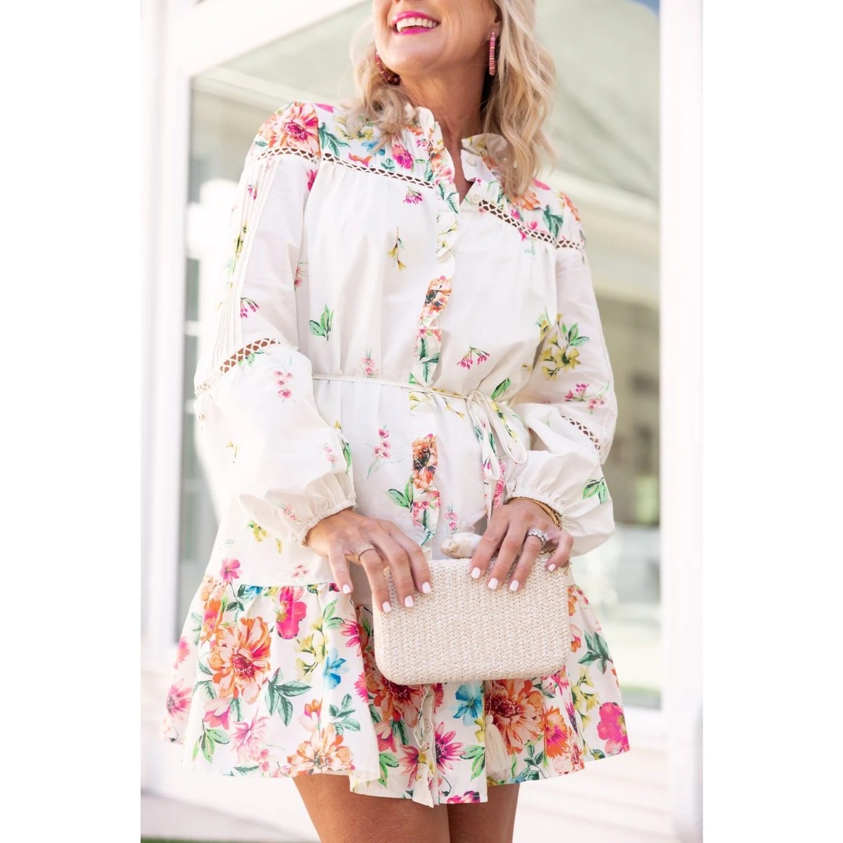 NWT Avara Lilah Floral Long Sleeve Mini Shirt Dress White Multi Women's  Size XS | eBay
