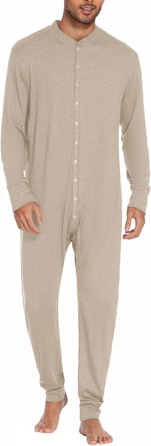 Men Thermal Union Suit One Piece Pajamas Long Sleeve Button Flap Winter Warm